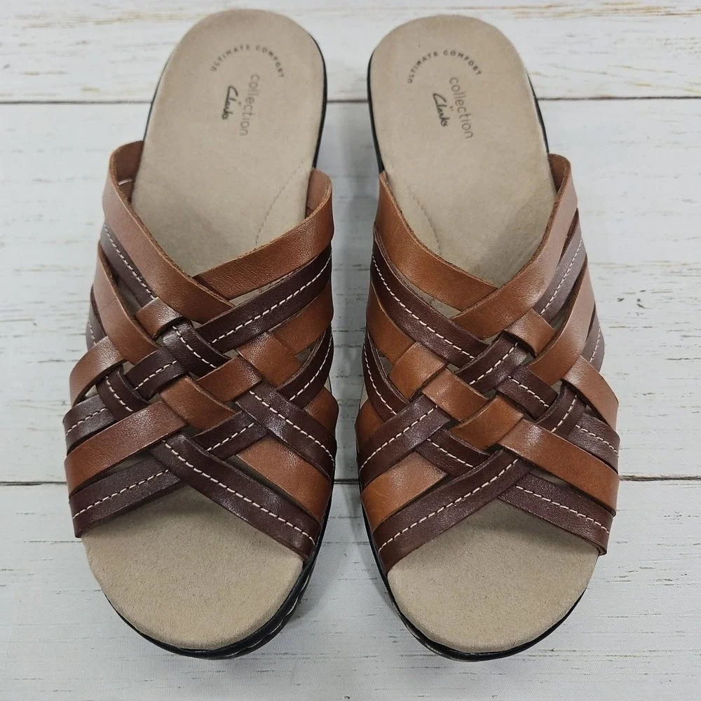 Clarks Lexi Salina Womens 9.5 Brown Leather Strappy‎ Sandals Shoes Slip On